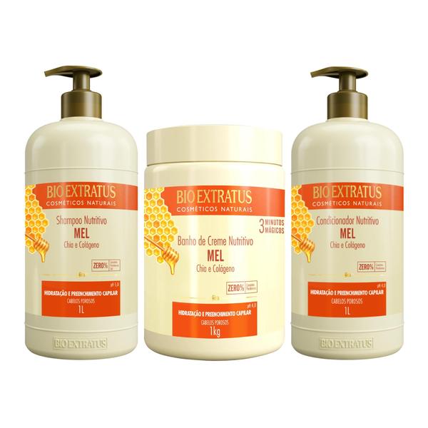 Imagem de Kit Shampoo Condicionador Banho Creme Mel Bio Extratus 1Kg/L Nutrição Preenchimento Cabelos Porosos