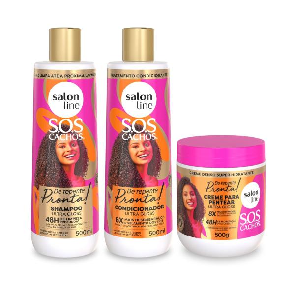 Imagem de Kit Shampoo Limpeza Profunda+ Condicionador Hidratante + Creme de Pentear Antifrizz Tratamento Ultra Gloss De Repente Pronta, Salon Line