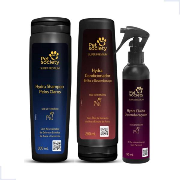 Imagem de Kit Shampoo Pelos Claros Condicionador e Fluído Desembaraço Pet Society Cães e Gatos