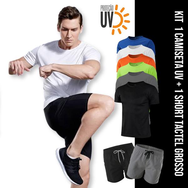 Imagem de Kit Short Bermuda ELITE + Camiseta Academia Fitness Corrida PROTEÇÃO UV SOLAR MC 707