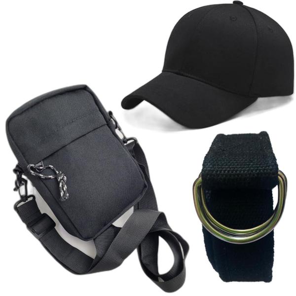 Kit Shoulder Bag Everbags Boné Aba Curva Cinto Lona Esportivo Masculino Preto - FG Imagem de Kit Shoulder Bag Everbags Boné Aba Curva Cinto Lona Esportivo Masculino Preto
