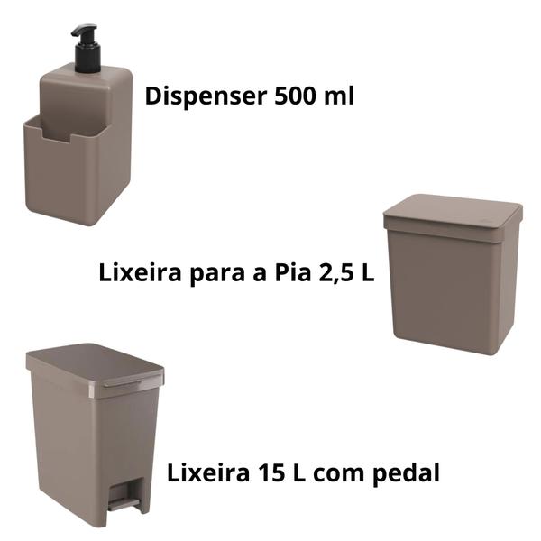 Imagem de Kit Single Cozinha 3 Peças Dispenser Lixeira de Pia e de Pedal Plástico Cor Warm Gray Single Coza Brinox - 99394/4126