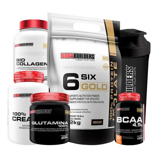 Imagem de KIT Six Gold 2kg + BCAA 100g + Creatina 300g + Glutamina 300g + BioCollagen 200g + Coqueteleira - Bodybuilders