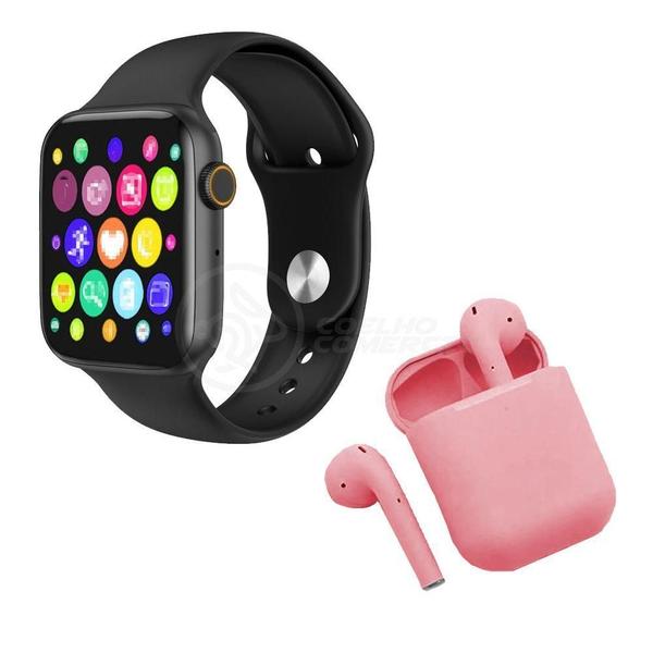 Imagem de Kit Smartwatch Digital W34 Preto + 12 Rosa Sem Fio