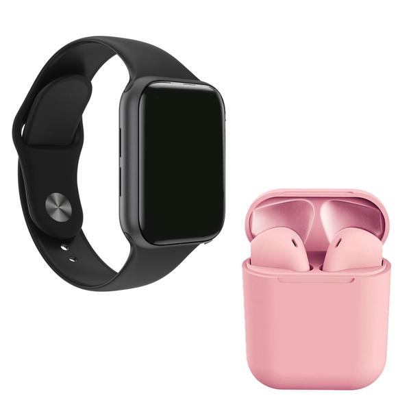 Imagem de Kit SmartWatch Relógio Digital W34 Preto + Inpods 12 Rosa Sem Fio Presente Dia Dos Namorados