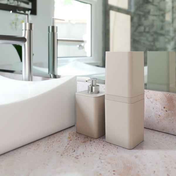 Kit Smile Banheiro Lavabo 2 Pçs Dispenser Porta Escova Tampa - Stolf Imagem de Kit Smile Banheiro Lavabo 2 Pçs Dispenser Porta Escova Tampa