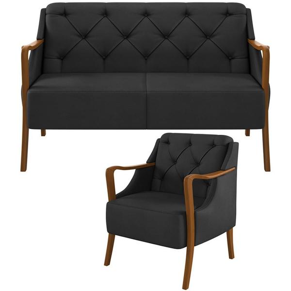 Imagem de Kit Sofá 02 Lugares Sala Estar 135cm Com Poltrona Coral Pés De Madeira Sintético Preto - Lyam Decor