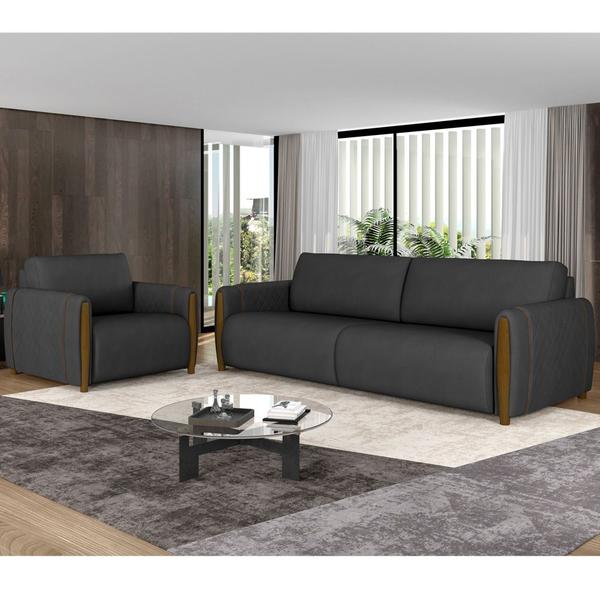 Imagem de Kit Sofá 03 Lugares Sala Estar 223cm Com 02 Poltronas Flora Pés Madeira M03 material sintético Preto - Lyam Decor