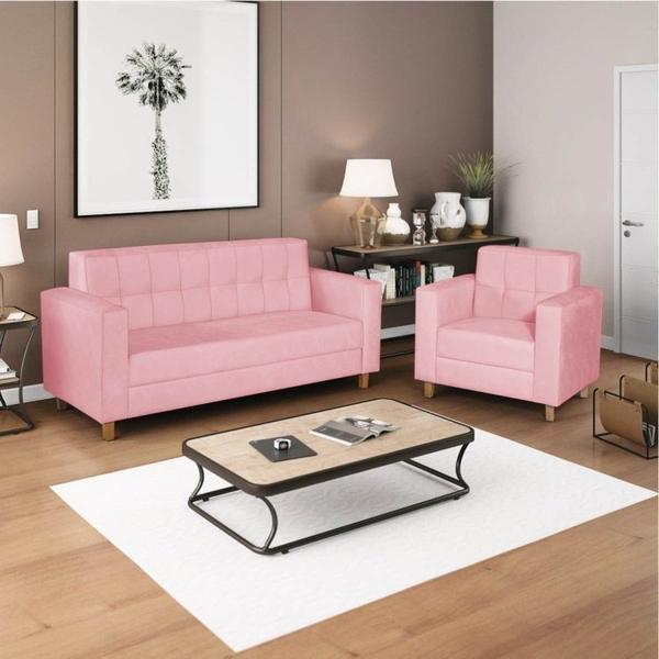 Imagem de Kit Sofá 180cm e Poltrona em Suede Dallas Rosa Bebê