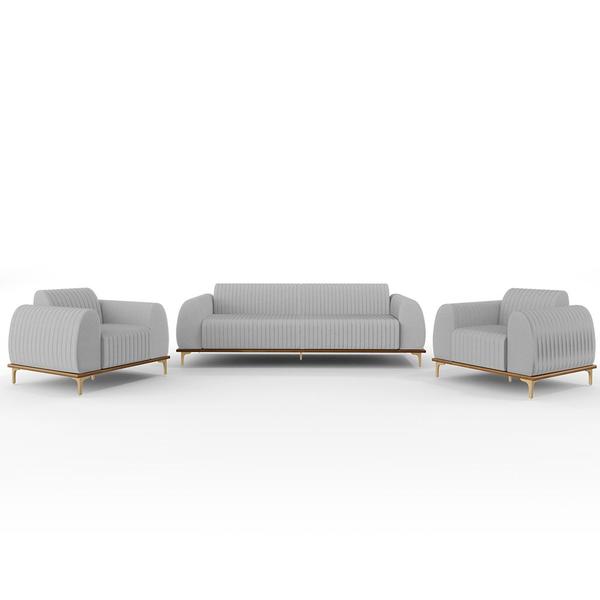 Imagem de Kit Sofá 2 Lugares 150cm Com 2 Poltronas Molino Pés D'ouro D02 Linho Cinza D-315 - Lyam Decor