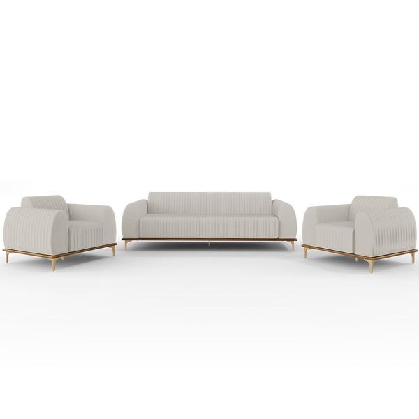 Imagem de Kit Sofá 2 Lugares 150cm Com 2 Poltronas Molino Pés D'ouro D02 Linho Cru C-443 - Lyam Decor