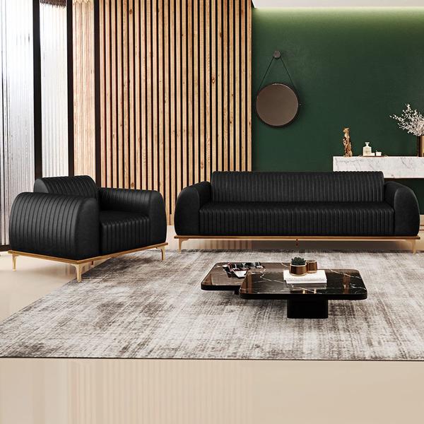 Imagem de Kit Sofá 2 Lugares 150cm Com Poltrona Molino Pés D'ouro D02 material sintético Preto B-159 - Lyam Decor