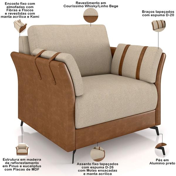 Imagem de Kit Sofá 2 Lugares 164cm Com 01 Poltronas Álamo M03 material sintético Whisky Linho Bege - Lyam Decor