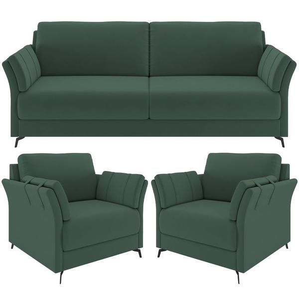 Imagem de Kit Sofá 2 Lugares 164cm com 02 Poltrona Álamo M03 Veludo Verde Musgo - Lyam Decor