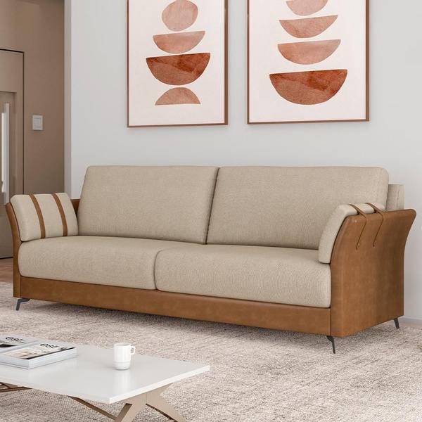 Imagem de Kit Sofá 2 Lugares 164cm Com 02 Poltronas Álamo M03 material sintético Whisky Linho Bege - Lyam Decor