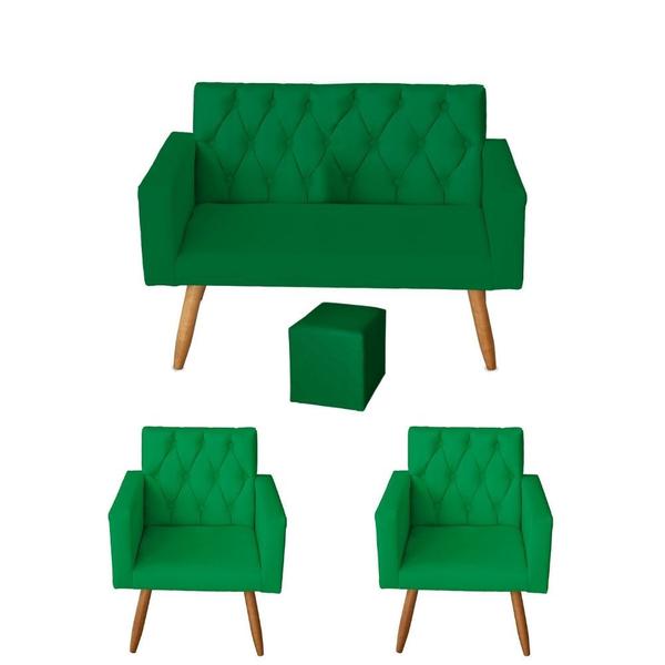 Imagem de Kit Sofá 2 Lugares e 2 Poltrona para Sala Bianca Capitonê e Puff Quadrado Suede Verde - Móveis Mafer