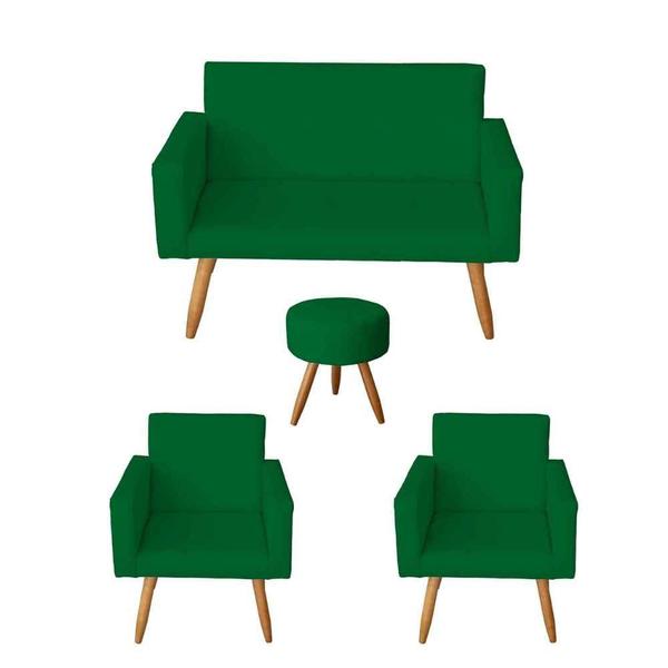 Imagem de Kit Sofá 2 Lugares e 2 Poltrona Para Sala Lina e 1 Puff Redondo Suede Verde - Móveis Mafer