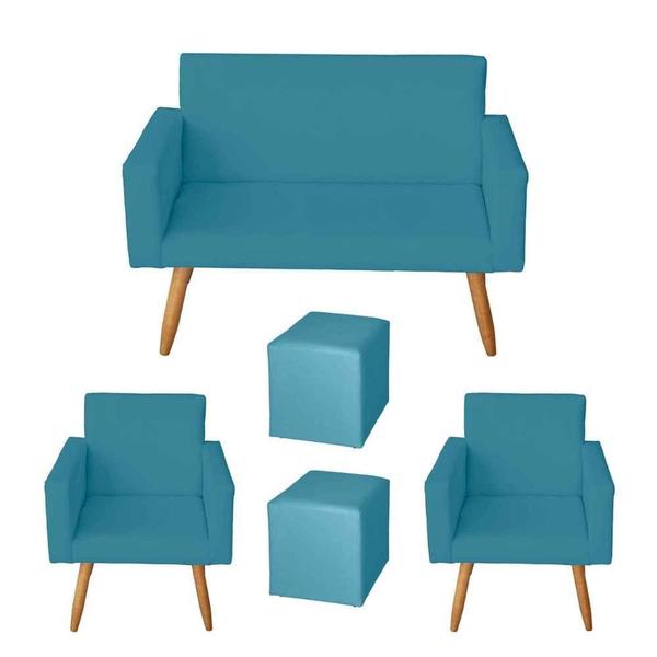 Imagem de Kit Sofá 2 Lugares e 2 Poltrona para Sala Lina e 2 Puff  Quadrado Suede Azul Turquesa - Móveis Mafer