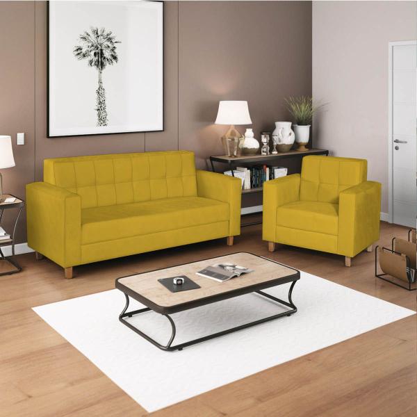 Imagem de Kit Sofá 2 Lugares e 2 Poltronas Denver Suede Amarelo - Doce Sonho Móveis