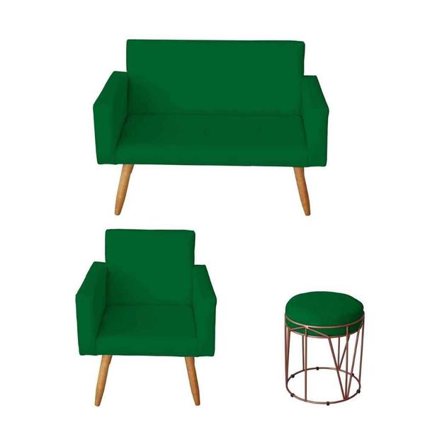 Imagem de Kit Sofá 2 Lugares e Poltrona para Sala Lina e 1 Puff Aramado Suede Verde - Móveis Mafer