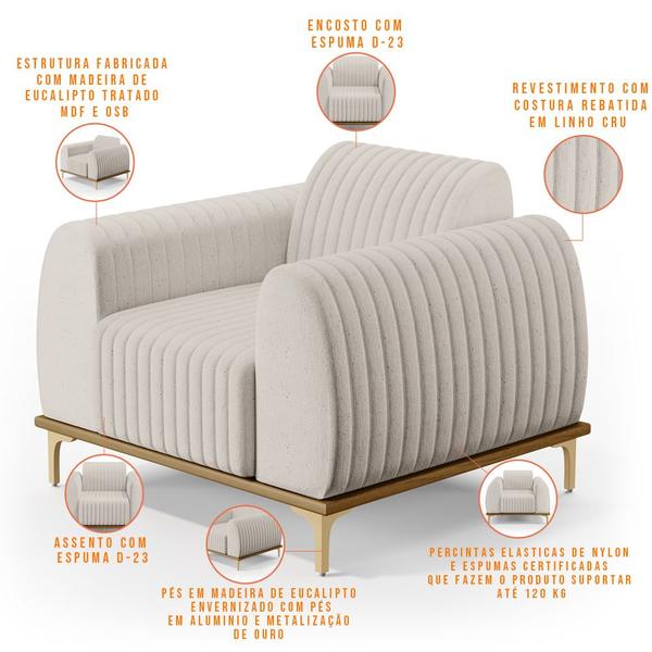 Imagem de Kit Sofá 2 Lugares Sala Estar 150cm Com Poltrona Molino Pés D'ouro D02 Linho Cru C-443 - Lyam Decor