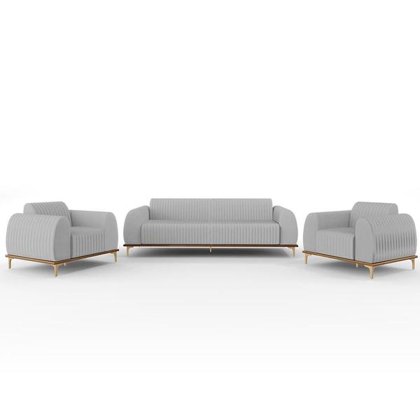 Imagem de Kit Sofá 3 Lugares 180cm Com 2 Poltronas Molino Pés D'ouro D02 Linho Cinza D-315 - Lyam Decor