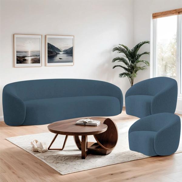 Imagem de Kit Sofá 3 Lugares 200cm e 2 Poltronas Orgânica Luxo Recepção Amore Linho Azul Royal - Amarena Móveis