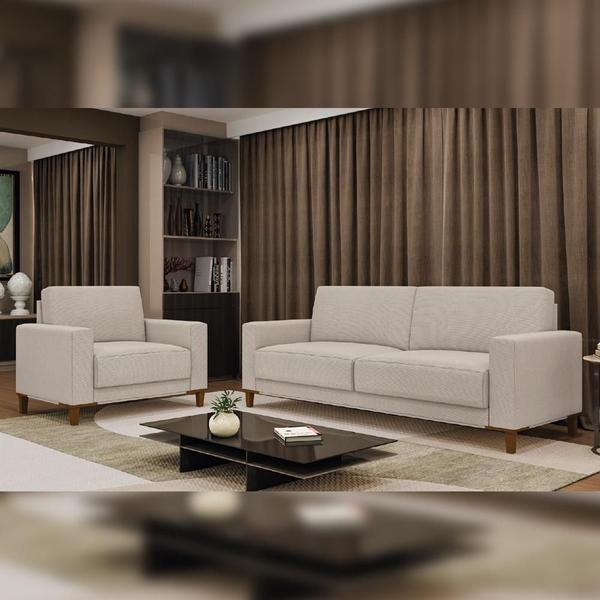 Imagem de Kit Sofá 3 Lugares 214cm Com 02 Poltronas Decorativas Viso M03 Linho Cru - Lyam Decor