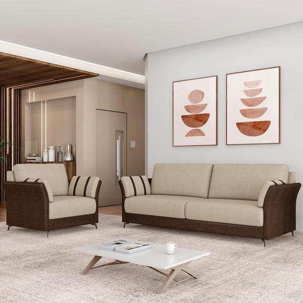 Imagem de Kit Sofá 3 Lugares 223cm com 01 Poltrona Álamo M03 material sintético Marrom Linho Bege - Lyam Decor