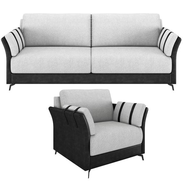 Imagem de Kit Sofá 3 Lugares 223cm com 01 Poltrona Álamo M03 material sintético Preto Linho Cinza Claro - Lyam Decor