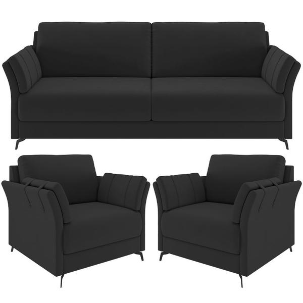 Imagem de Kit Sofá 3 Lugares 223cm com 02 Poltrona Álamo M03 Veludo Preto  - Lyam Decor