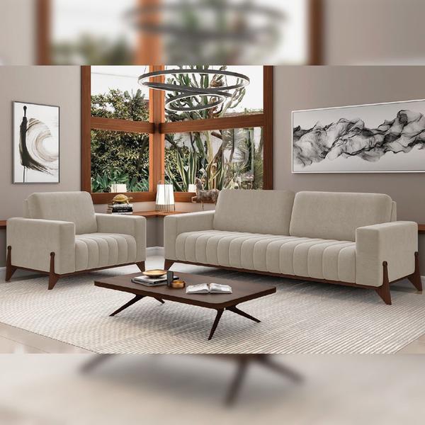 Imagem de Kit Sofá 3 Lugares 232cm Com 02 Poltronas Decorativas Piemont M03 Veludo Bege - Lyam Decor