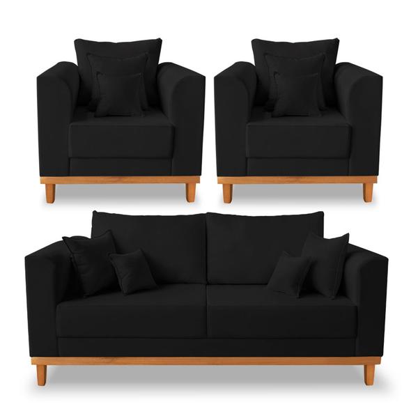 Imagem de Kit Sofá 3 Lugares e 2 Poltronas Beny Viena Com Almofadas Decorativa Suede Preto - Madeira Prima Deccor