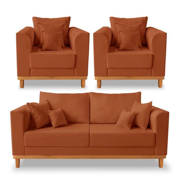 Imagem de Kit Sofá 3 Lugares e 2 Poltronas Beny Viena Com Almofadas Decorativa Suede Terracota - Madeira Prima Deccor