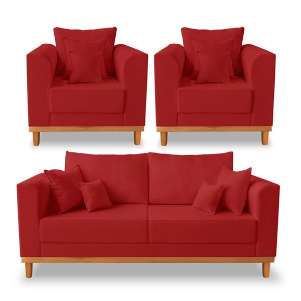 Imagem de Kit Sofá 3 Lugares e 2 Poltronas Beny Viena Com Almofadas Decorativa Suede Vermelho - Madeira Prima Deccor