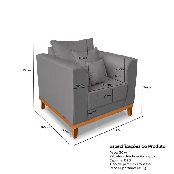 Imagem de Kit Sofá 3 Lugares e 2 Poltronas Beny Viena Com Base de Madeira Linho Cinza - Madeira Prima Deccor