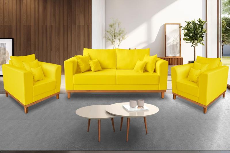 Imagem de Kit Sofá 3 Lugares e 2 Poltronas Beny Viena Com Base de Madeira Suede Amarelo - Madeira Prima Deccor