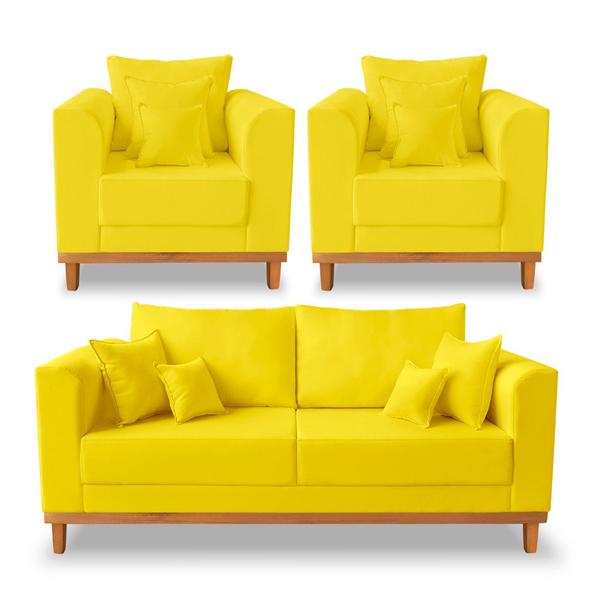 Imagem de Kit Sofá 3 Lugares e 2 Poltronas Beny Viena Com Base de Madeira Suede Amarelo - Madeira Prima Deccor