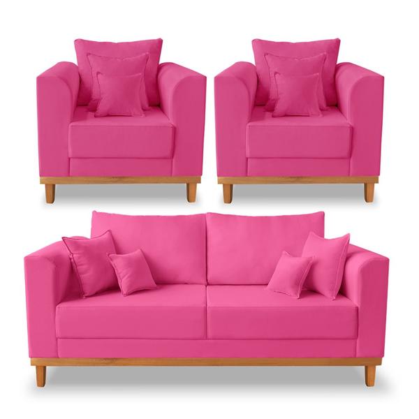 Imagem de Kit Sofá 3 Lugares e 2 Poltronas Beny Viena Com Base de Madeira Suede Pink - Madeira Prima Deccor