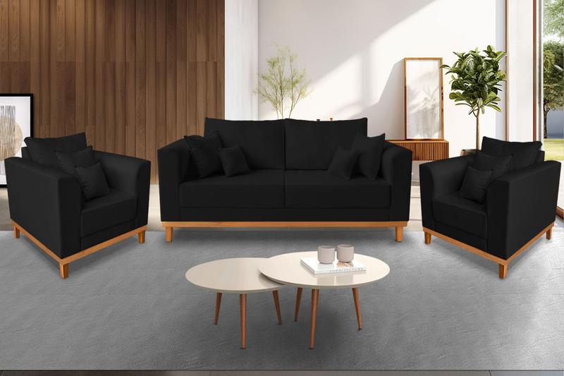 Imagem de Kit Sofá 3 Lugares e 2 Poltronas Beny Viena Com Base de Madeira Suede Preto - Madeira Prima Deccor