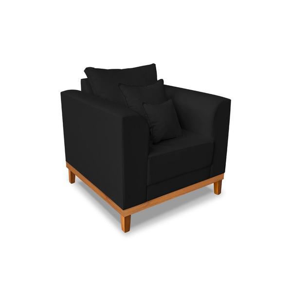 Imagem de Kit Sofá 3 Lugares e 2 Poltronas Beny Viena Com Base de Madeira Suede Preto - Madeira Prima Deccor