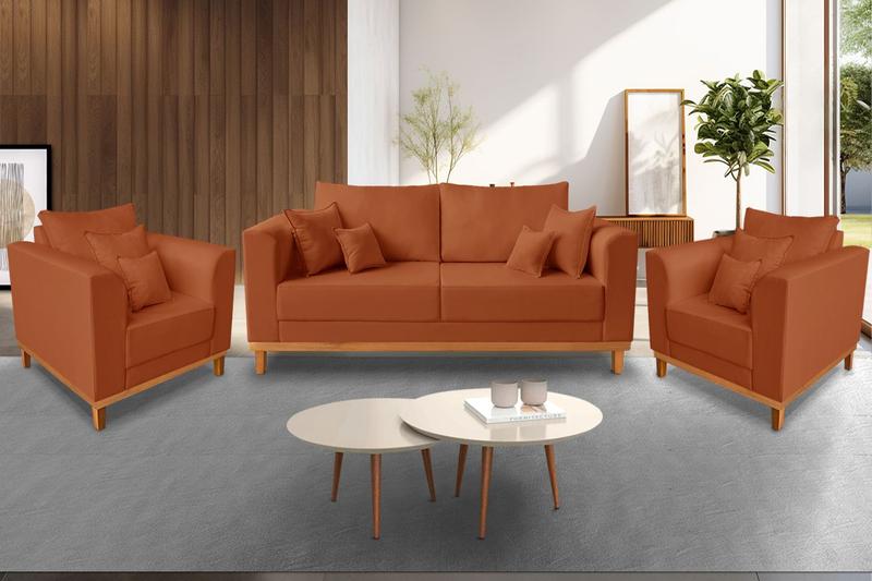 Imagem de Kit Sofá 3 Lugares e 2 Poltronas Beny Viena Com Base de Madeira Suede Terracota - Madeira Prima Deccor