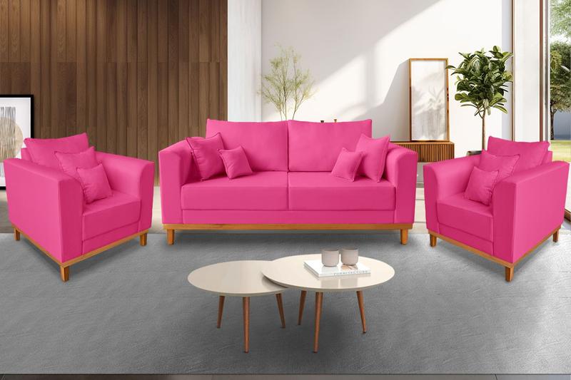 Imagem de Kit Sofá 3 Lugares e 2 Poltronas Beny Viena Para Escritório Suede Pink - Madeira Prima Deccor