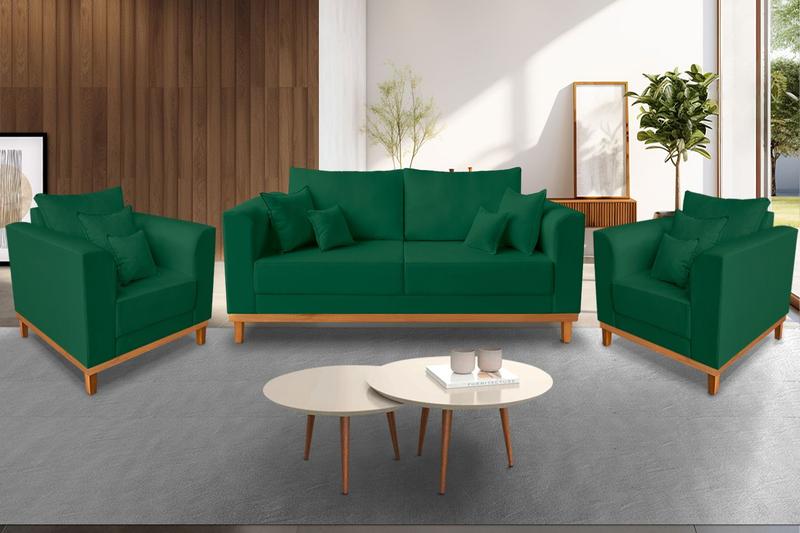 Imagem de Kit Sofá 3 Lugares e 2 Poltronas Beny Viena Para Escritório Suede Verde - Madeira Prima Deccor