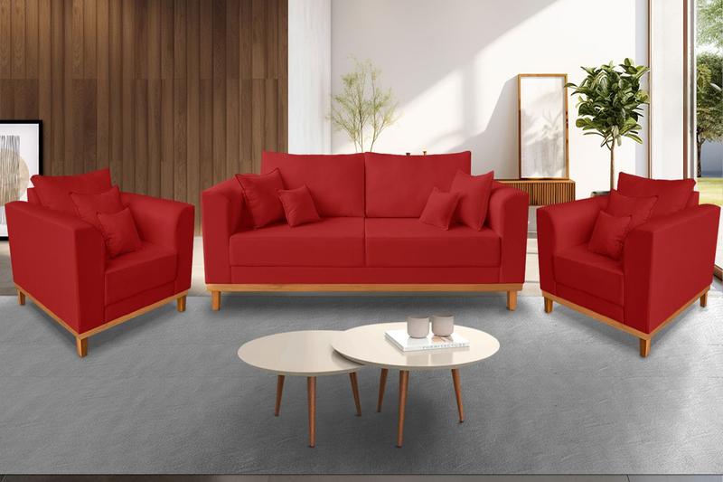 Imagem de Kit Sofá 3 Lugares e 2 Poltronas Beny Viena Para Sala de Estar Suede Vermelho - Madeira Prima Deccor