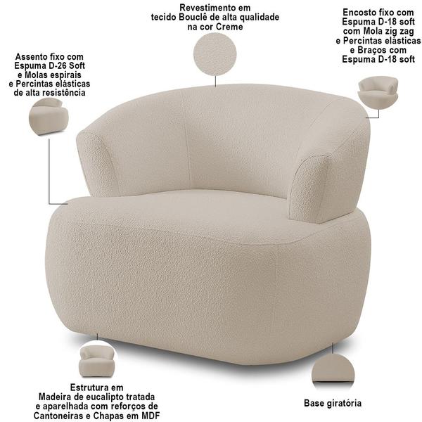 Imagem de Kit Sofá 3 Lugares Para Sala 198cm Com 01 Poltrona Orgânica Florea M05 Bouclê Creme - Lyam Decor