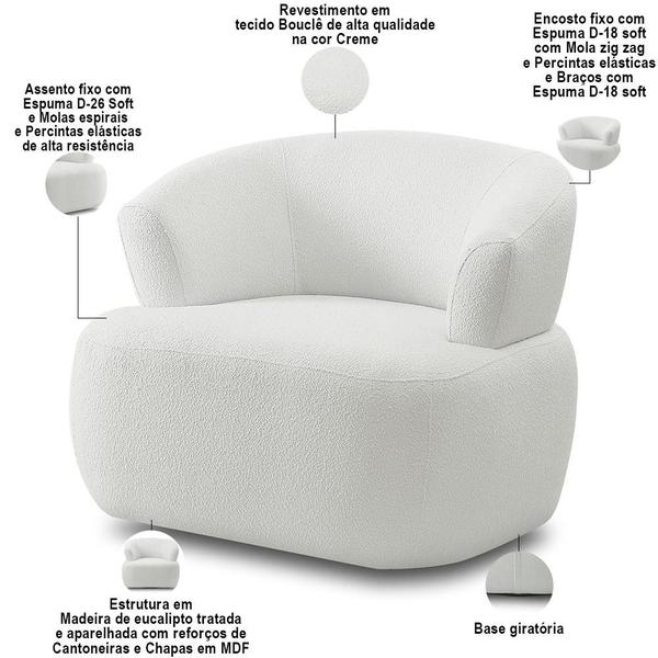 Imagem de Kit Sofá 3 Lugares Para Sala 198cm Com 01 Poltrona Orgânica Florea M05 Bouclê Creme - Lyam Decor