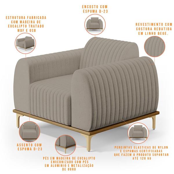 Imagem de Kit Sofá 3 Lugares Sala Estar 210cm Com Poltrona Molino Pés D'ouro D02 Linho Bege C-107 - Lyam Decor