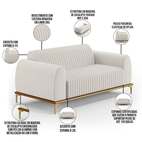 Imagem de Kit Sofá 3 Lugares Sala Estar 210cm Com Poltrona Molino Pés D'ouro D02 Linho Cru C-443 - Lyam Decor