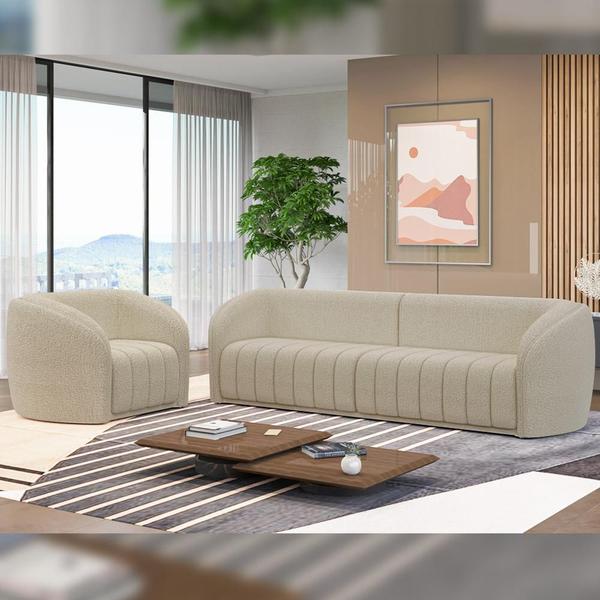 Imagem de Kit Sofá 4 Lugares Para Sala 252cm com 01 Poltrona Lazio M03 Bouclê Bege - Lyam Decor